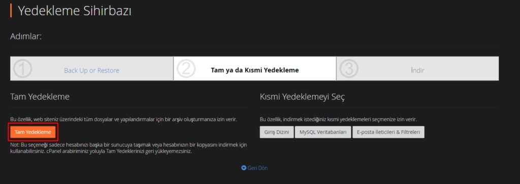 Yedekleme Sihirbazı Tam Yedekleme