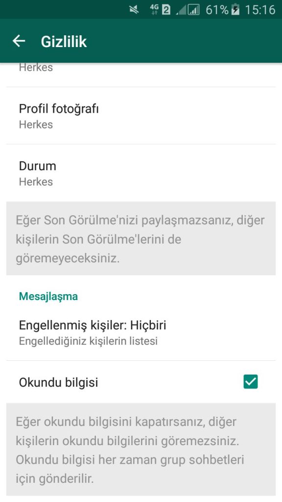WhatsApp Okundu Bilgisi Kapatma