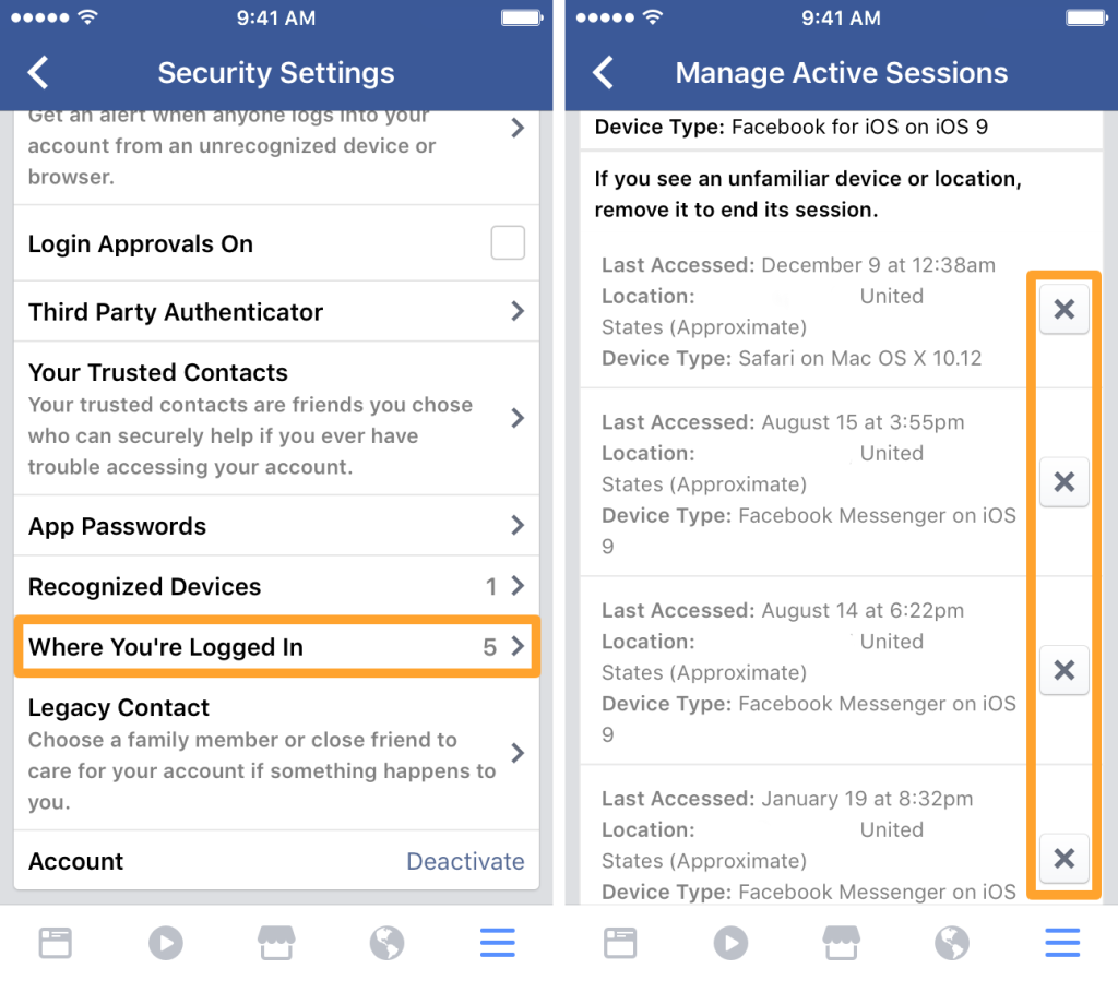 iPhone Tüm Aktif Facebook Oturumlarından Çıkış Yapma